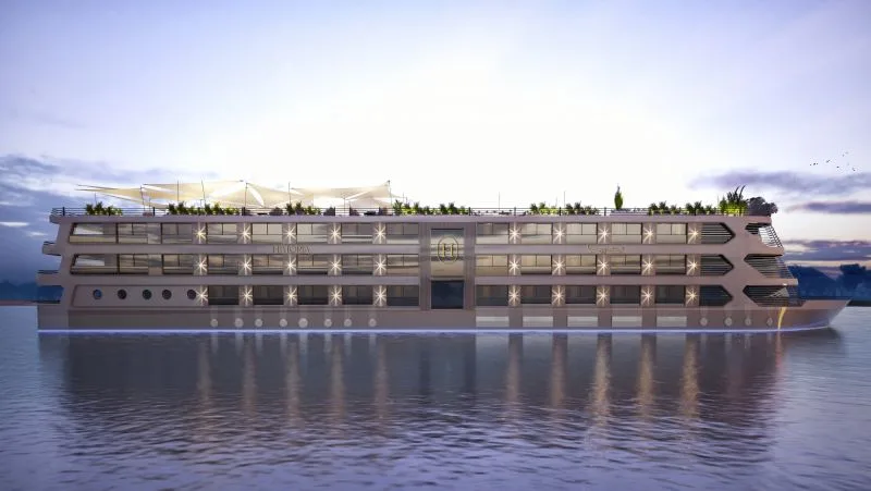 A Nile cruise vessel photographed from the river